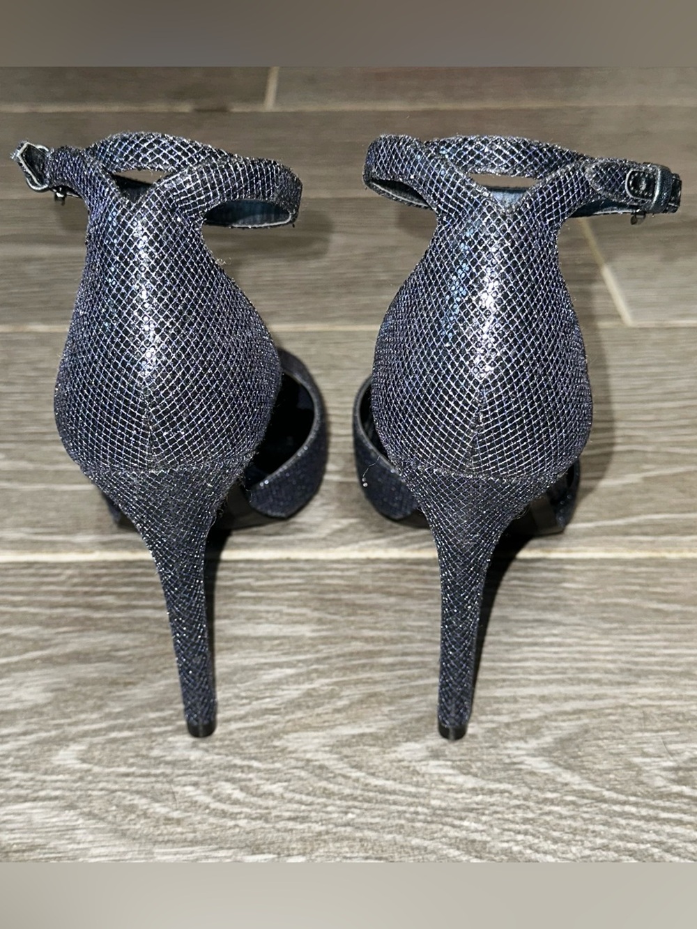 Michael Kors Cambria Open Toe Ankle Strap Metallic Heels Navy Womens 10M Glitter - Picture 8 of 10